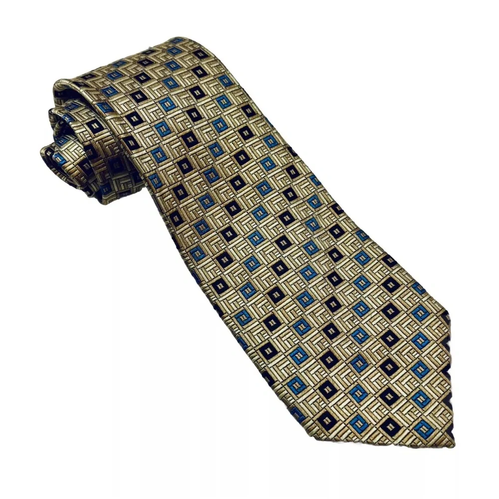 ROBERT TALBOTT Studio Mens 100% Silk Necktie USA Designer Geometric Tan/Blue